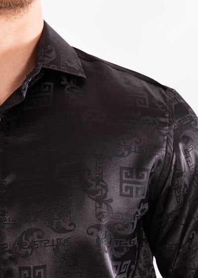 Black Men's Greek Key Long Sleeve Dress Shirt Black Shine Style No-232272