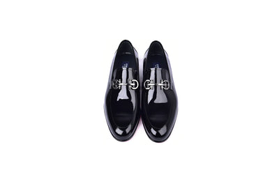Black Red Bottom Men's Italian Shinny Leather Slip-On Shoes Formal loafer with silver buckle C00012-7260
