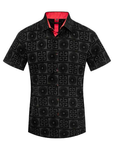 Black Men's Luxury Style Greek Key Short Sleeves Shirt Regular-Fit