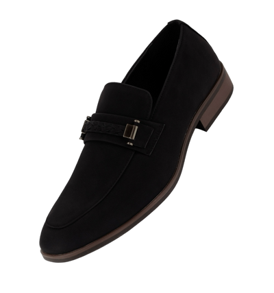 Black Men's Slip-on Suede Loafer Shoes with Metal and Braid Buckle