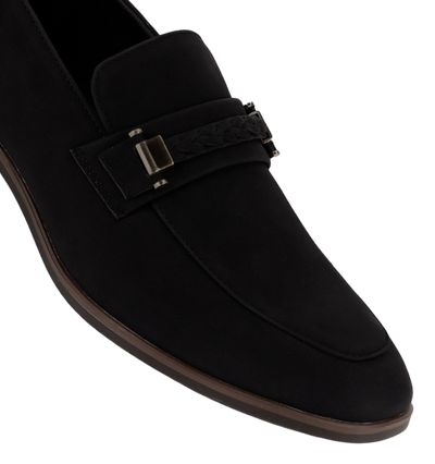 Black Men's Slip-on Suede Loafer Shoes with Metal and Braid Buckle