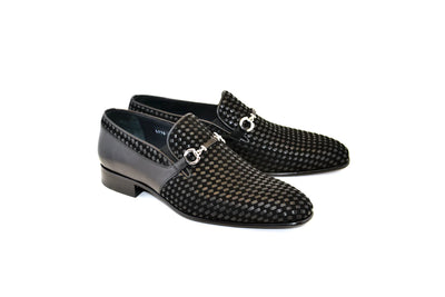 Black Men's Suede and Leather Shoes Hand Made Woven Loafer C0220-5776