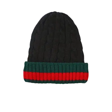 Black Men's Winter knitted hat with green and red Striped Wool Beanie