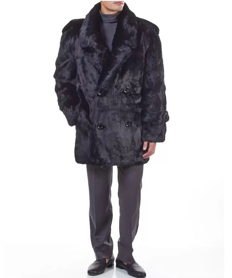 Black Rabbit Fur PEA Coat For Men Made By Winter