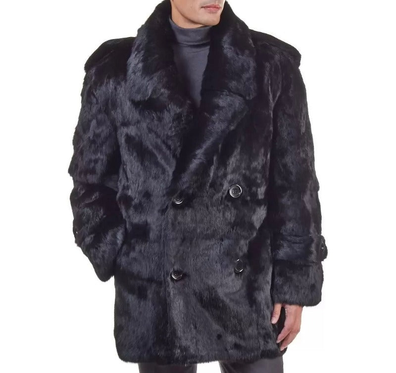 Black Rabbit Fur PEA Coat For Men Made By Winter