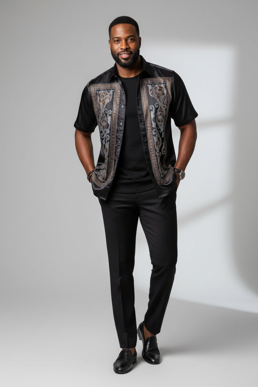 Black Shinny Satin Rhinestone Men's Short Sleeves Shirt PR-600 3XL / Black