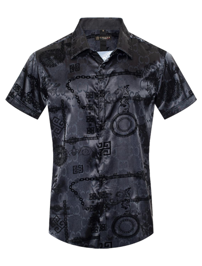 Black Short Sleeve Men's Graphic Design Shiny Shirt Satin Material
