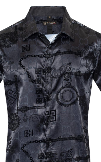 Black Short Sleeve Men's Graphic Design Shiny Shirt Satin Material