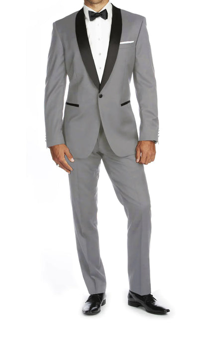 Grey Slim-Fit Tuxedo Single Breasted Black Shawl Lapel Style-PTX02