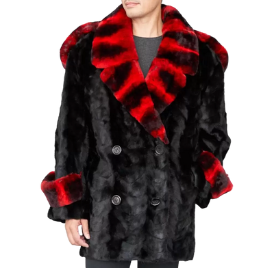 Black and Red Mink Fur Pea Coat with Chinchilla Print Rex Rabbit Fur