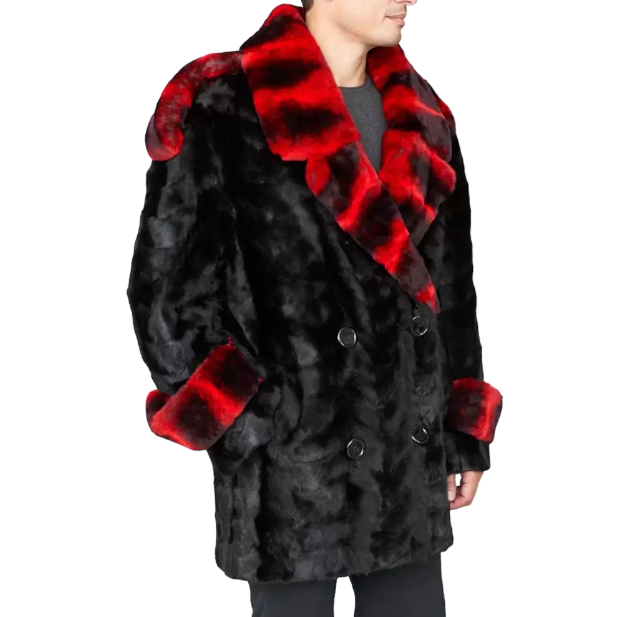 Black and Red Mink Fur Pea Coat with Chinchilla Print Rex Rabbit Fur