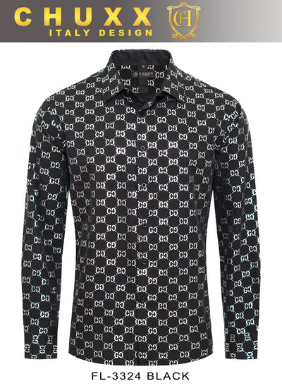 Black and White GG Men's Long Sleeve Graphic Fashion Design Casual Shirt