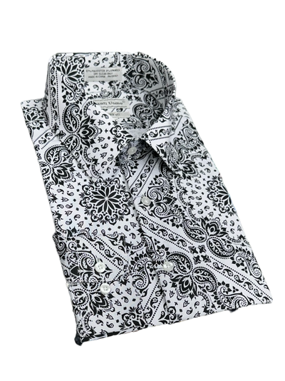 Black and White Paisley Print Long Sleeve Men's Dress casual Shirts