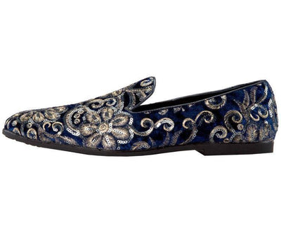 Blue and Gold Sequin Loafers Luxury Design Men's Slip-on Dress Shoes
