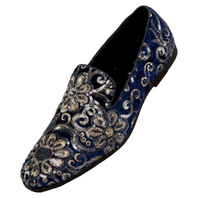 Blue and Gold Sequin Loafers Luxury Design Men's Slip-on Dress Shoes