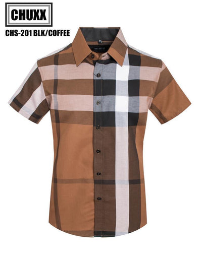 Brown Dress Luxury Men's Plaid Check Short-Sleeve Casual Shirt