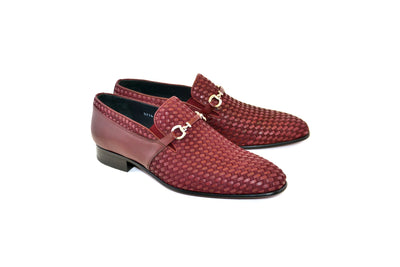 Burgundy Men's Suede and Leather Shoes Hand Made Woven Loafer C0222-5776