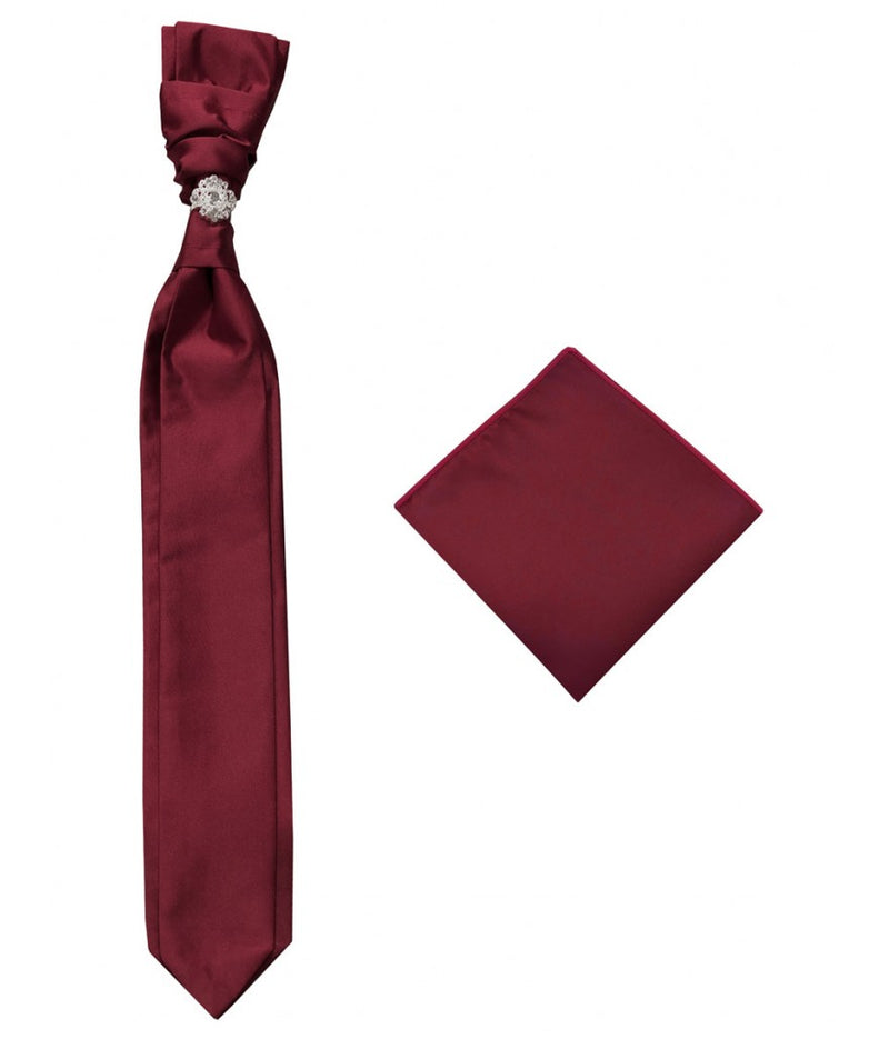 Burgundy Necktie Cravat with Sliver Diamonds Ring and Handkerchief Set