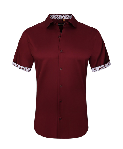 Burgundy men's short sleeve shirts stretch material paisley cuff on the sleeves
