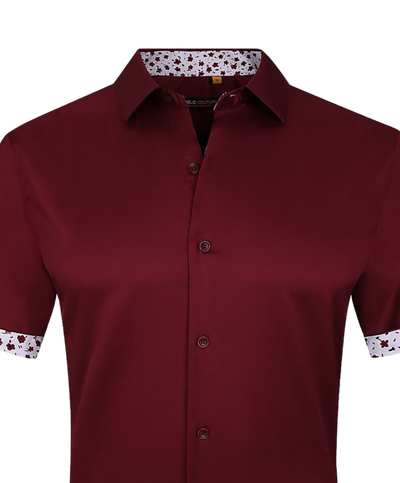 Burgundy men's short sleeve shirts stretch material paisley cuff on the sleeves