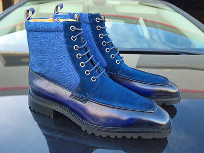 Carrucci Blue Men's Burnished Calfskin & Suede Lace-Up Boot KB516-17 A