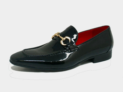 Carrucci black patent leather men's black shiny slip on dress Shoes Gold Buckle