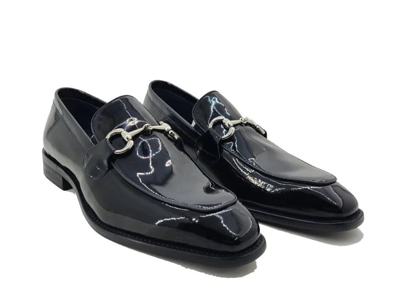 black and silver dress shoes men Patent Leather Buckle Loafer