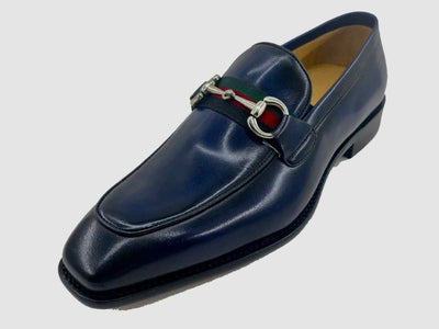 Carrucci blue calfskin leather men's slip on dress shoes red and green strip