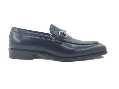 Carrucci blue calfskin leather men's slip on dress shoes red and green strip