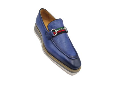 Carrucci blue men's casual shoes genuine leather loafer red and green trim