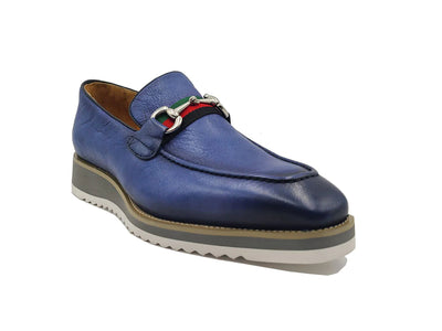 Carrucci blue men's casual shoes genuine leather loafer red and green trim