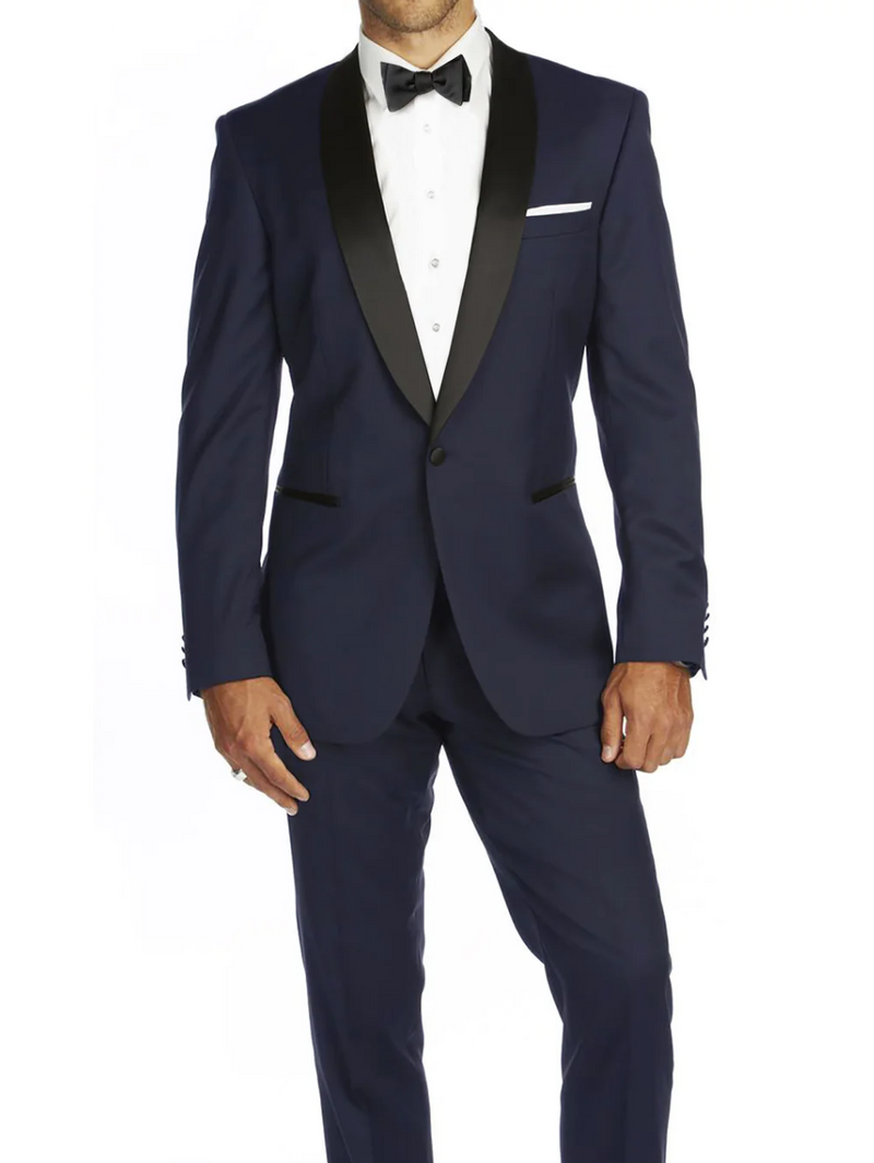 Navy Blue Slim-Fit Tuxedo Single Breasted Black Shawl Lapel Style-PTX02