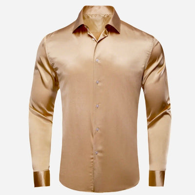 Beige Shiny Men's Button Up Shirt Long Sleeves Slim Fit Satin Material