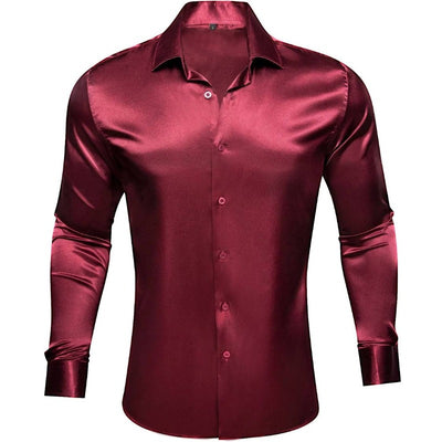 Burgundy Shiny Men's Button Up Shirt Long Sleeves Slim Fit Satin Material