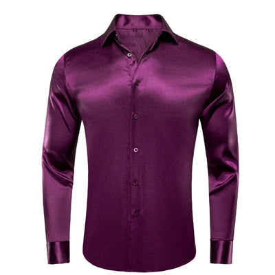 Men's Plum Shiny Shirt Long Sleeves Slim Fit Satin Material