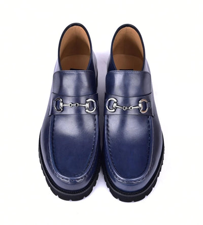 Corrente Navy Blue Men's Silver Horsebit Buckle Ankle boot Calf Skin Leather