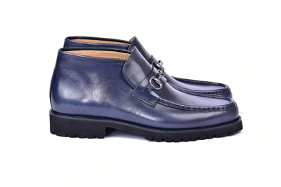 Corrente Navy Blue Men's Silver Horsebit Buckle Ankle boot Calf Skin Leather