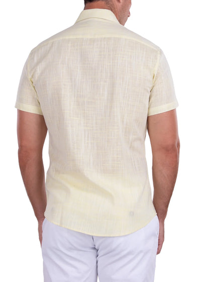 Men's Yellow Linen Short Sleeve Button-Up Shirt Modern-FIT Style No-202120