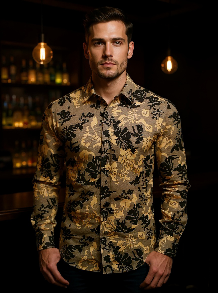 Gold Italian Design Men's Shirt Floral Printed Button-Down Casual Long Sleeve Regular-Fit Style No: SC460-4 Gold Italian Design Men's Shirt Floral Printed Button-Down Casual Long Sleeve Regular-Fit Style No: SC460-4