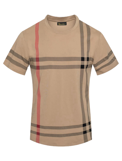 Men’s khaki plaid crewneck T-shirt 100% cotton Regular-Fit