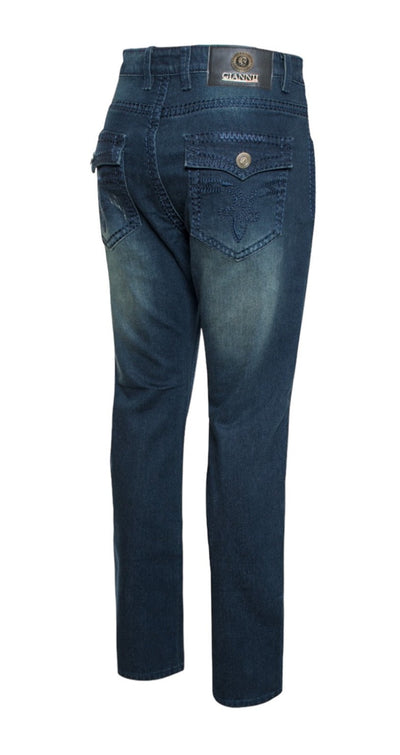Giannii Blue Men's Slim-Fit Jeans Flap Pockets and Stitches