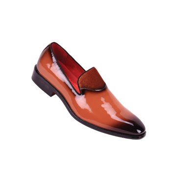 Orange Men's patent leather tuxedo shoe with velvet