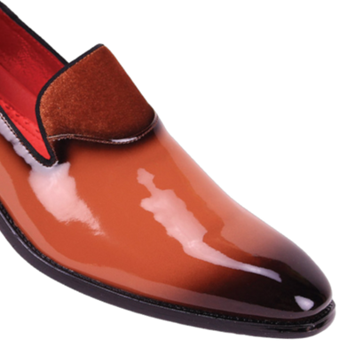 Orange Men's patent leather tuxedo shoe with velvet