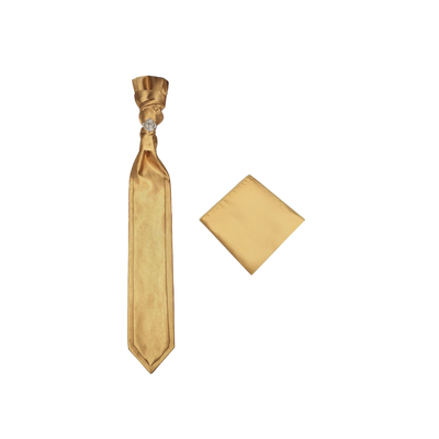 Gold Pre-Tied Necktie Cravat with Sliver Diamonds Ring and Handkerchief Set