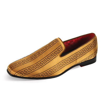 Gold Satin Material Men's Slip-On Loafer Shoes Greek Key Stones Print
