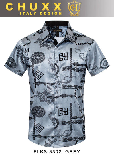 Grey Men's Graphic Design Short Sleeves Shiny Shirt Satin Material