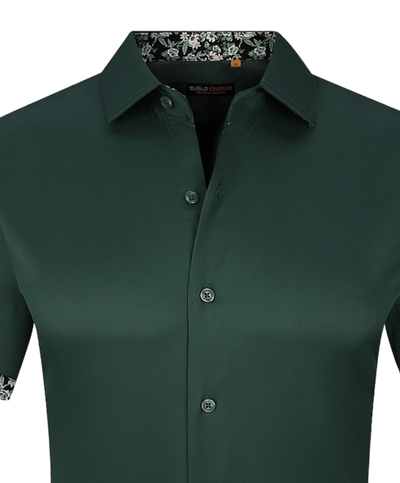 Hunter green men's short sleeve shirts stretch material paisley cuff design on the sleeves