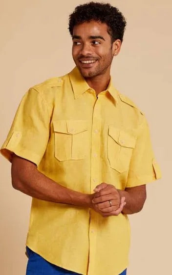 Inserch men's yellow linen shirt double flap pockets casual shirt