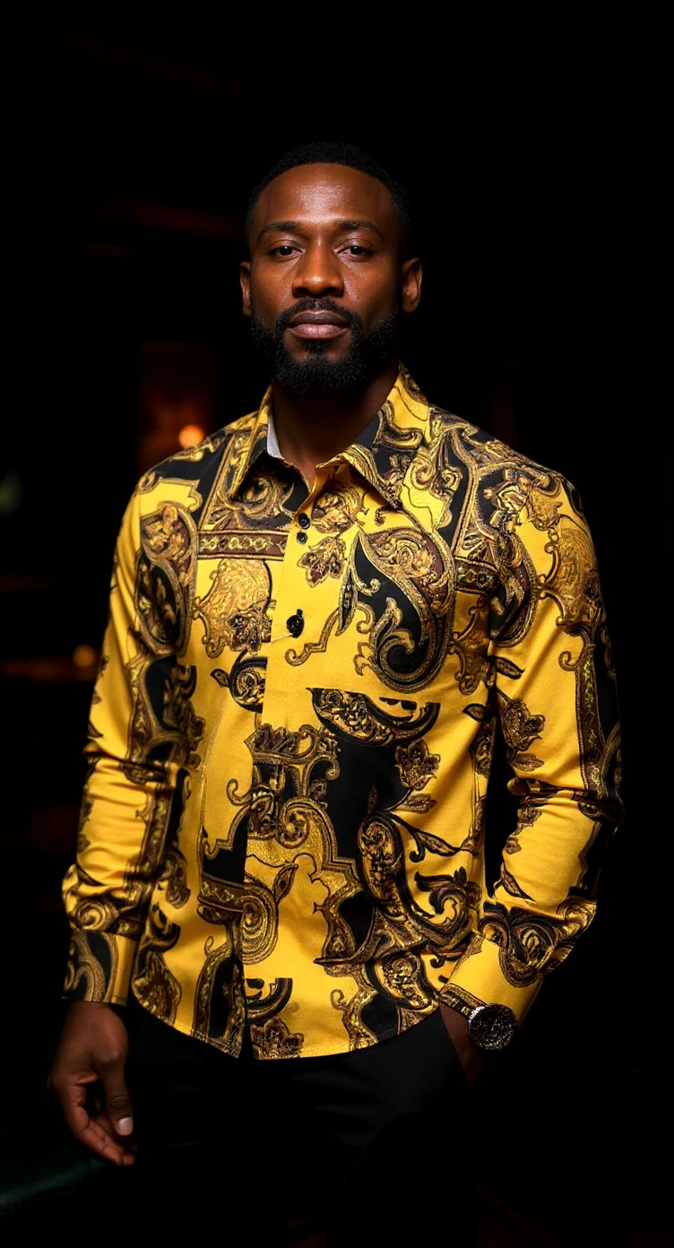 Black and Gold Paisley Print Long Sleeve Men's Dress casual Shirts