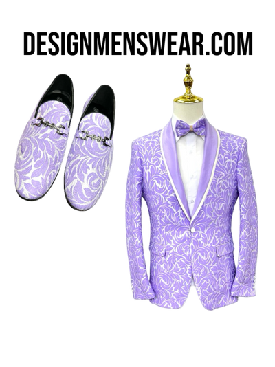 Purple Men's Paisley Prom Blazer Luxury Design Shall Lapel Slim-Fit with Bowtie